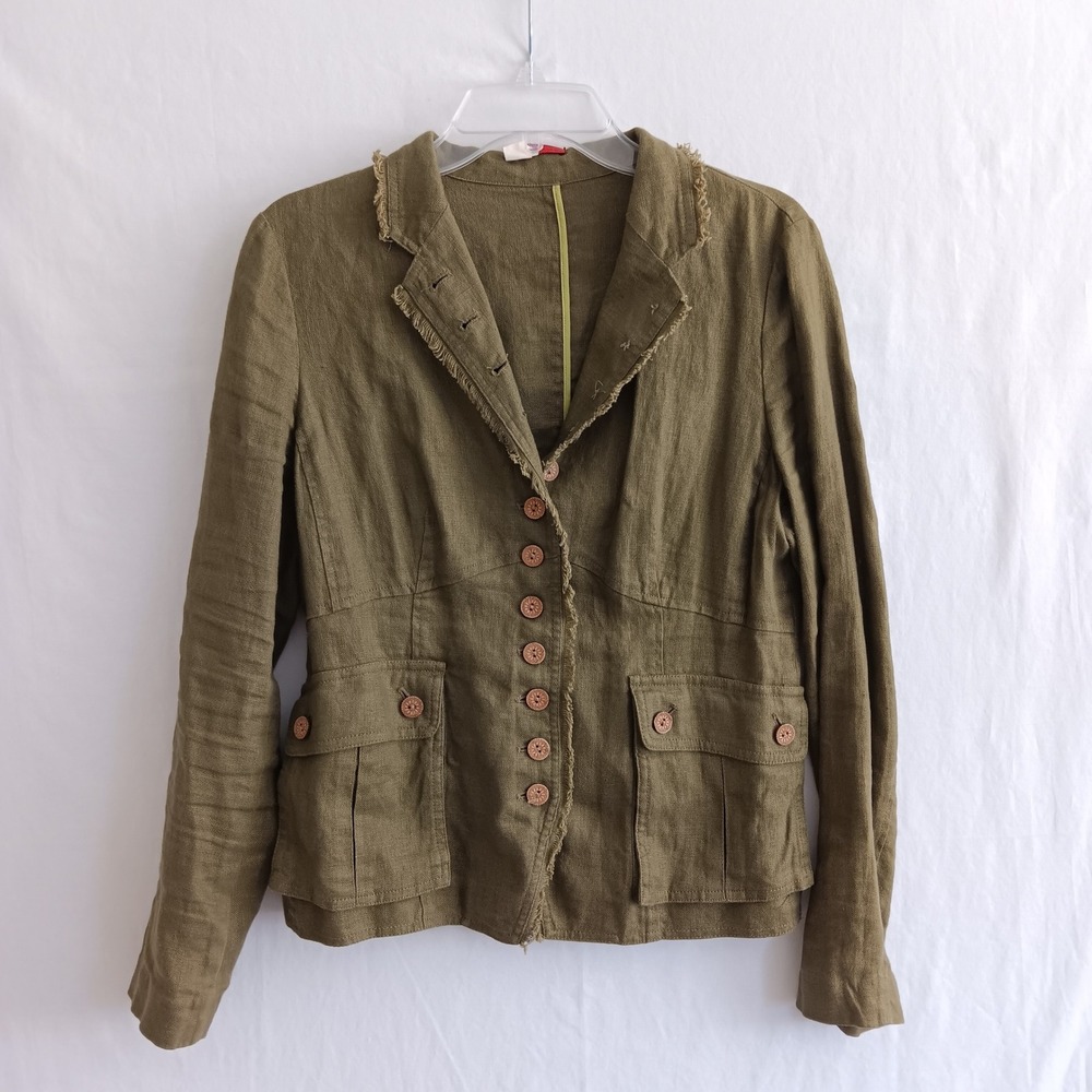 Tapemeasure 100% linen Blazer Women 8 Olive Green Linen Frayed Utility Jacket